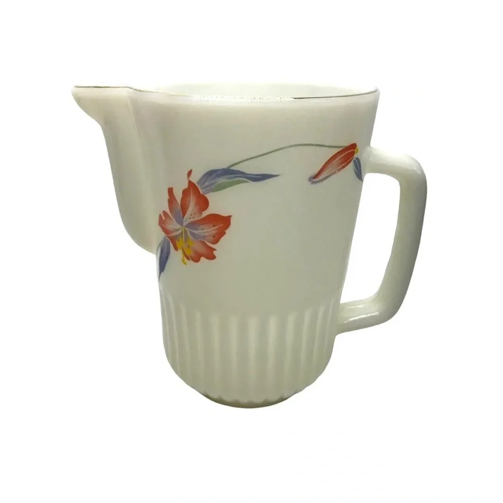 Neolex By Crystal Gold Rim Pitcher Oven Proof Opaque Milk Glass Floral Lily Vtg